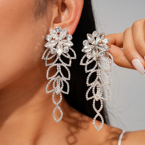 Holle Bloem Blad Kwastje Hanger Oorbellen Koper Met Steentjes En Zilveren Oorsteker Elegante Bruiloft Sieraden Vrouwen