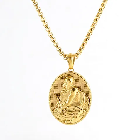 Vintage 3D Relief Figure Portrait Oval Pendant Necklace Stainless Steel 18K Gold Plated Classic Jewelry For Men Women