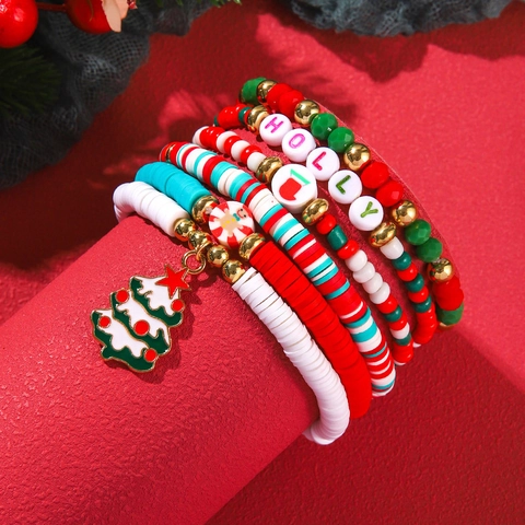 Braccialetti Di Natale Perle Heishi In Argilla Polimerica Ciondoli In Lega Smaltata Gioielli Per Feste Impilabili Donna