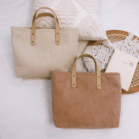 Borsa Tote In Velluto A Coste Da Donna Con Manico In Pelle PU Borsa A Mano Minimalista Vintage Chiusura Con Cerniera