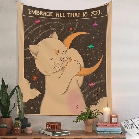 Arazzo Da Parete Gatto Tessuto Poliestere Retro Tarot Astrologia Stella Luna Motivo Per Arredamento Camera E Soggiorno