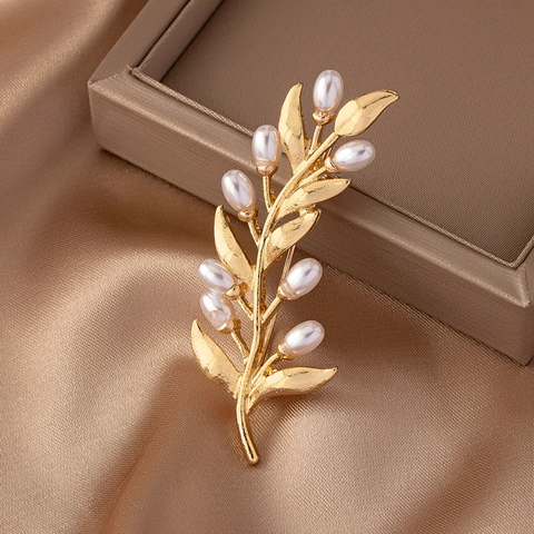 Elegante Spilla A Ramo Di Ulivo E Foglia Lega Con Perla Artificial Sintetica Pin Moda Retro Gioielli Per Decorazione Abito Donna