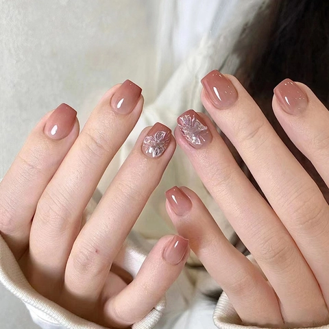 Butterfly Pattern Press On Nails Pink Gradient Short Square Shape Artificial False Nails For Women Sweet Elegant Style