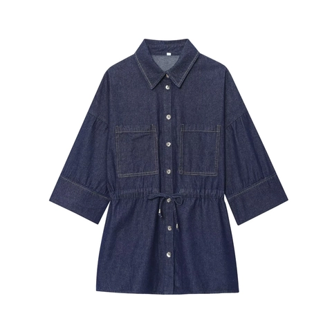 Camicia In Denim E Pantaloni A Gamba Larga Donna Mezza Manica Vita Con Coulisse Vita Alta Casual Streetwear