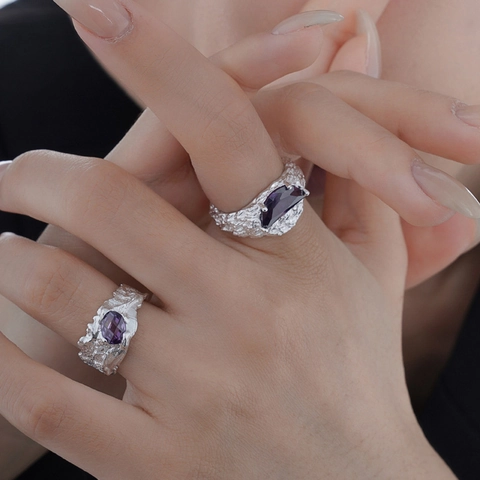 Irregular Lava Texture 925 Sterling Silver Ring Purple Gemstone Inlaid Adjustable Open Band For Women Jewelry