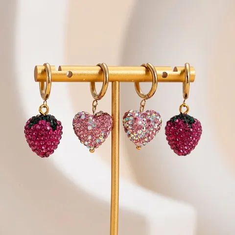 Strawberry And Heart Shaped Rhinestone Hoop Drop Earrings Stainless Steel Gold Plated For Women Trendy Elegant Daily Jewelry Accessory