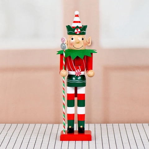 Christmas Elf Nutcracker Soldier Wooden Figurine With Candy Cane Staff Hand Painted Holiday Home Desktop Ornament