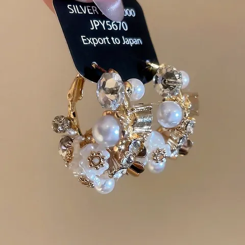 Orecchini A Cerchio Stile Francese Vintage Grappolo Di Fiori Con Lega Imitazione Perla Artificial Strass E Perno In Argento Per Donna