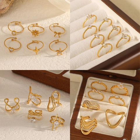 Gold Plated Geometric Rings For Women 304 Stainless Steel With Cubic Zirconia Light Luxury Minimalist Adjustable Jewelry