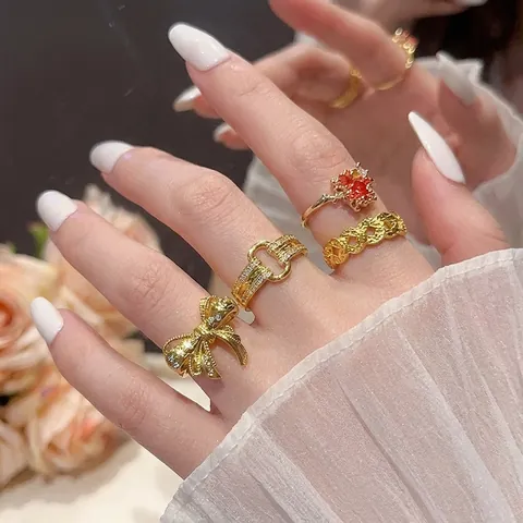 18K Vergoldeter Kupferring Für Damen Verstellbares Offenes Design Mit Zirkon Schleife Ahornblatt Schicker Schmuck