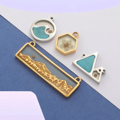Nature Mountain Wave Geometric Pendants 304 Stainless Steel Resin Enamel Dry Flower DIY Jewelry Charms
