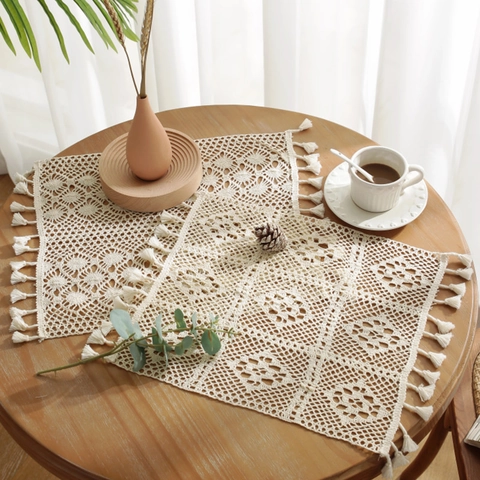 Handmade Cotton Crochet Lace Placemat Vintage Rural Style Hollow Out Tassel Table Mat For Dining Room Kitchen Home Decor