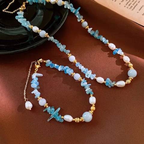 Artificial Pearl Aquamarine Stone Necklace And Bracelet Set Artificial Baroque Pearls Gold Plated Beads Irregular Blue Chips Elegant Jewelry For Women