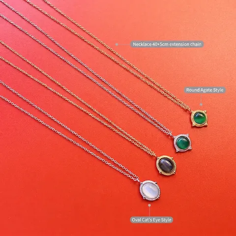 Vintage Agate Cat Eye Stone Pendant Necklace Titanium Steel Minimalist Clavicle Chain Fashion Jewelry Gift For Women