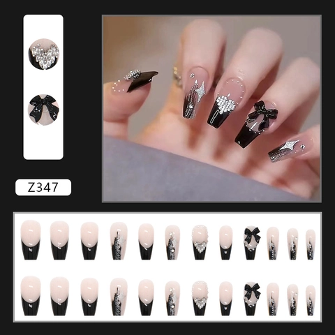 Press On Nails Lange Coffin Form French Schwarz Nude Glänzend Künstliche Falsche Nägel Mit 3D Schleife Herz Strass Künstliche Perlen Dekor