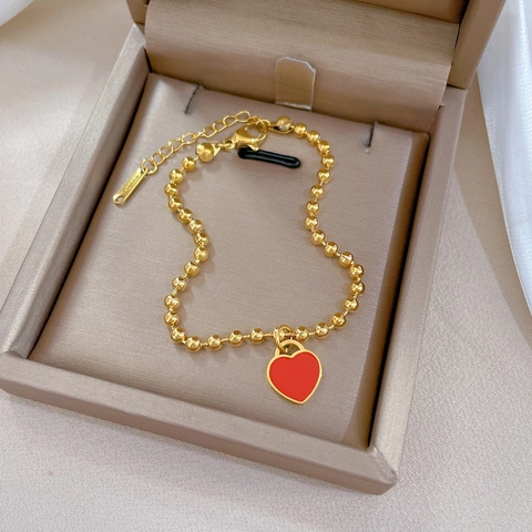 Stainless Steel Red Heart Pendant Bead Chain Bracelet Adjustable Enamel Charm Jewelry For Women Gift