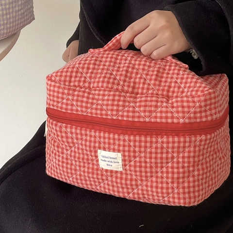 Borsa da Trucco Gingham Trapuntata di Grande Capacità in Morbido Cotone Borsa da Lavaggio per Viaggi con Manico Organizer Scacchi