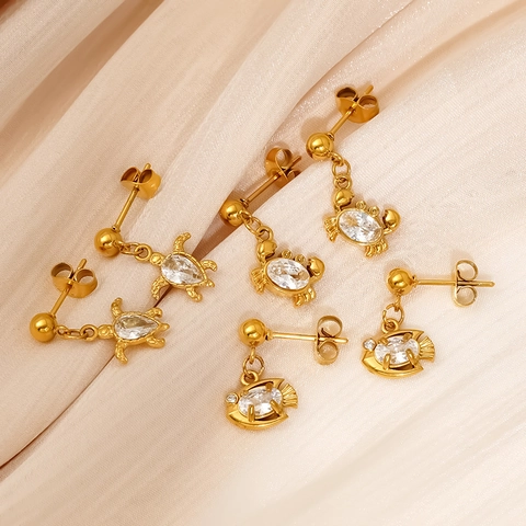Ocean Animal Stud Earrings 18K Gold Plated Stainless Steel Sparkling Zircon Crab Turtle Fish Hypoallergenic For Women