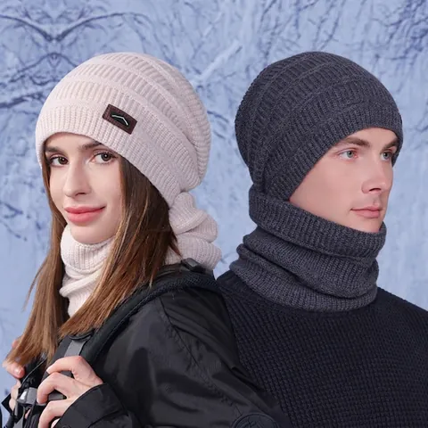 Berretto E Sciarpa Invernali In Maglia Acrilica Foderati In Pile Termico Antivento Sport All'Aperto Toppa In Pelle Uomo Donna