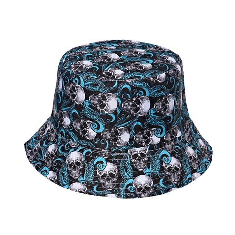 Gothic Skull Print Bucket Hat Polyester Double Sided Sun Protection Streetwear Hip Hop Fisherman Hat For Men Women