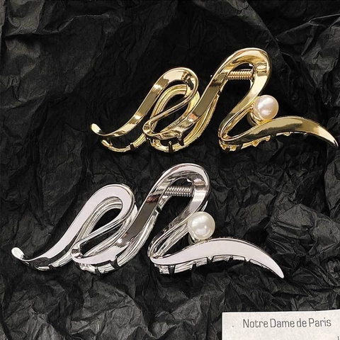 Pinza De Pelo De Metal Ondulado Elegante Con Perla Artificial De Imitación Grande Horquilla De Aleación Para Mujeres