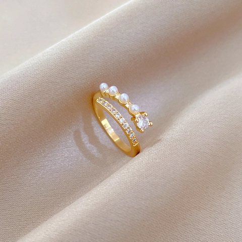 Anello Regolabile A Doppio Strato Con Zirconi E Imitazione Di Künstliche Perle In Rame Placcato Oro Gioielli Per Donna
