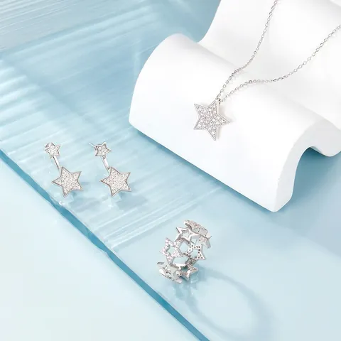 925 Sterlingsilber Schmuckset Für Damen Pave Zirkonia Stern Halskette Ohrringe Ring Elegant Himmlische Mode Schmuckset
