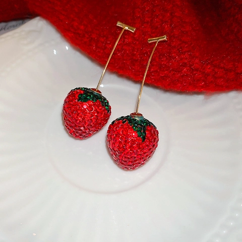 Pendientes De Fresa Con Diamantes De Imitación Aleación Diseño De Frutas Y Poste De Plata Joyería Para Mujeres