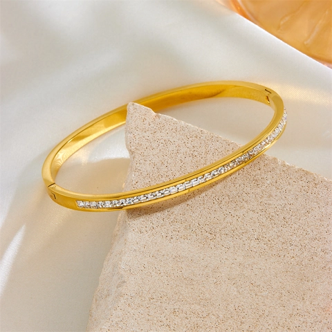 Brazalete De Acero Inoxidable Para Mujer Con Fila Completa De Piedras De Circonita Cúbica Cuadrada Lujo Pulido