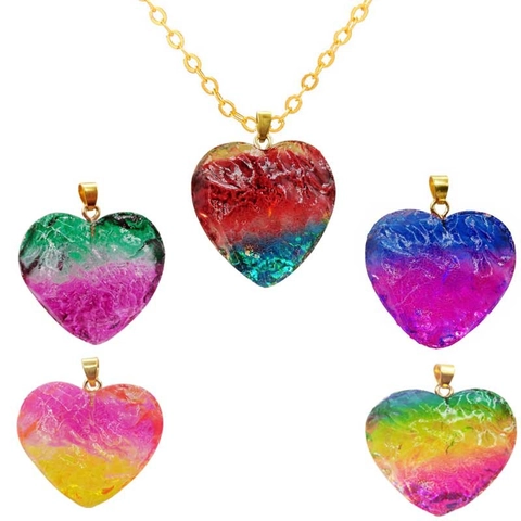 Heart Pendant Necklace Glass Crystal Gradient Rainbow Color Cracked Ice Texture Gold Plated Alloy Chain Jewelry Women
