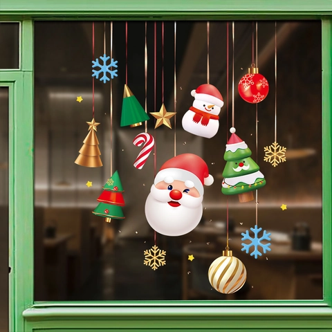 Christmas Window Stickers Static Clings PVC Double Sided Santa Snowman Snowflake Decals For Glass Door Shop Holiday Decor