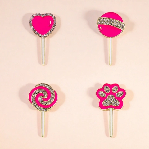 Simpatica Spilla a Forma di Lecca-lecca in Smalto Rosa per Donna in Lega di Zinco Con Intarsio di Strass a Forma di Cuore e Zampa di Gatto Accessori Moda