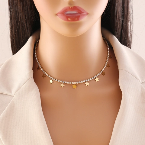 Collar Y Pulsera De Cadena De Tenis Con Colgante De Estrella Con Cristales De Acero Inoxidable Chapado En Oro Joyería Para Mujer