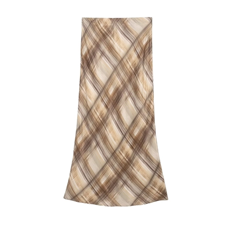 Plaid Midi Skirt Satin Texture A-Line High Waisted Printed Grid Pattern Elegant Streetwear Casual Bottoms For Women