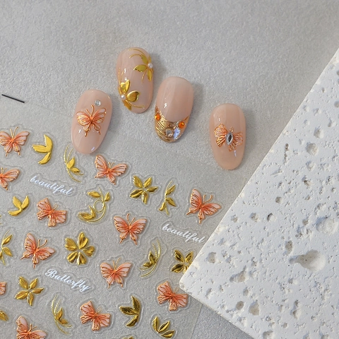 Adesivi Per Nail Art In Rilievo 3D Farfalla Dorata Fiore 5D Impermeabile DIY Manicure Decorazione Decalcomanie