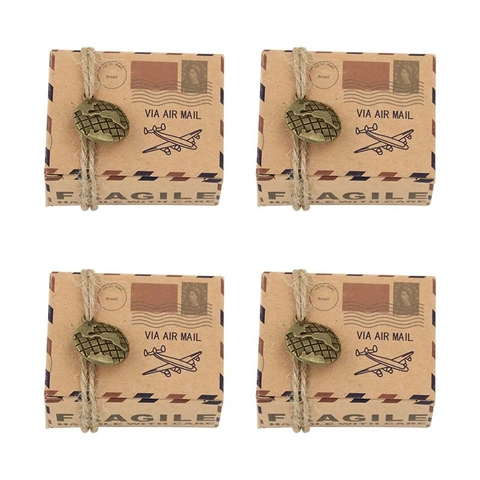 Vintage Airmail Gift Box Kraft Paper Candy Box With Hemp Rope And Metal Compass Globe Charm For Wedding Party Favor