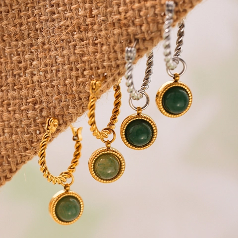 Orecchini Pendenti In Agata Verde Acciaio Inossidabile Placcato Oro 18K Cerchi Intrecciati Gioielli Retro Eleganti Donna