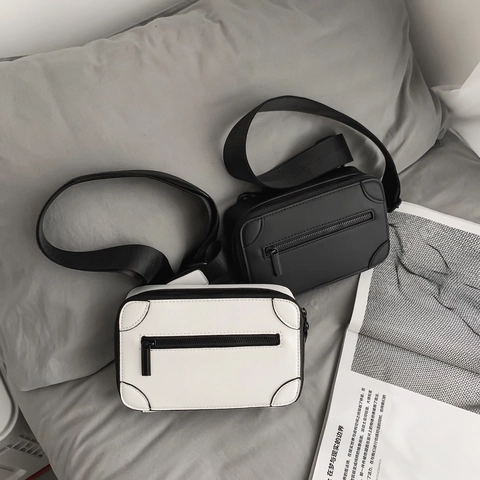 Minimalist Small Square Crossbody Bag PU Leather Box Shape Reinforced Corners Wide Adjustable Strap Streetwear For Women