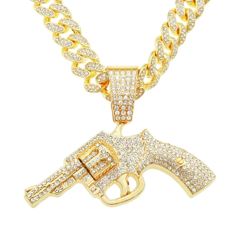 Hip Hop Gun Pendant Necklace Full Rhinestone Iced Out Zinc Alloy Cuban Link Chain Cool Streetwear Jewelry For Men Women