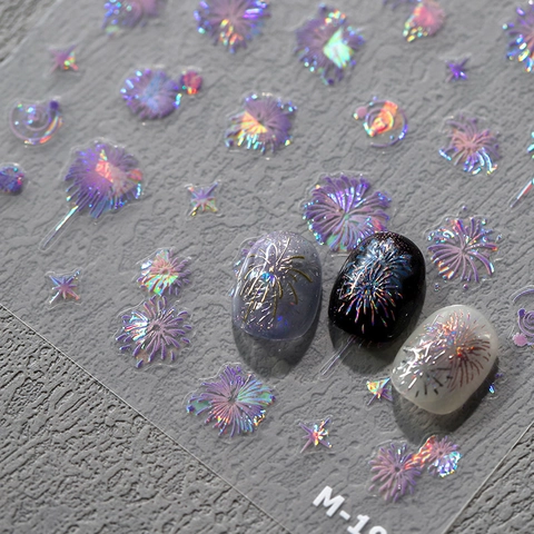 Feuerwerk Nagel Aufkleber 3D Relief Holographisch Laser Sterne Mond Muster Selbstklebende Decals Für Frauen