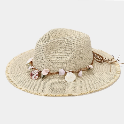 Sombrero De Paja Para Mujer Con Decoración De Conchas Ala Ancha Borde Deshilachado Transpirable Playa Verano Fedora