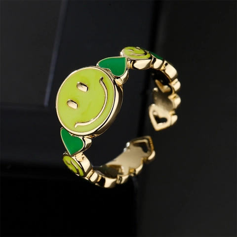 Lustiger Smiley Herz Muster Offener Ring Vergoldetes Kupfer Bunte Emaille Verstellbarer Fingerschmuck Damen