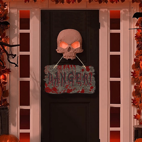 Halloween Horror Faux Wood Door Hanging Sign With Blood Handprints Cardboard Skull Pumpkin Haunted House Party Decor