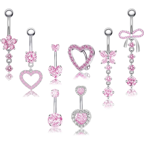Stainless Steel Copper Pink Rhinestone Butterfly Heart Navel Piercing Jewelry Belly Button Rings Women Beach Fashion