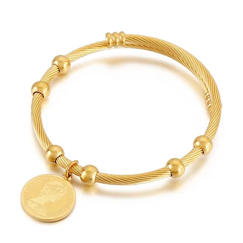 Brazalete De Acero Inoxidable Con Alambre Trenzado Colgante De Moneda Reina Cuentas Ajustable Vintage Minimalista Para Mujer