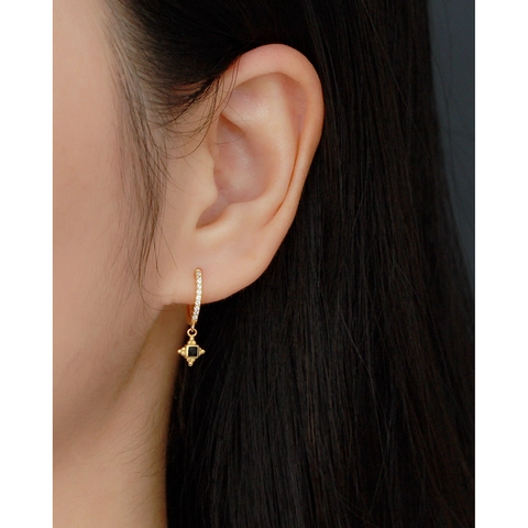 925 Sterling Silver Huggie Hoop Earrings With Square Black Gemstone Pendant Retro Geometric Pavé Zirconia For Women