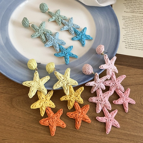 Pendientes Colgantes De Estrella De Mar Tejidos En Rafia Bohemio Tres Niveles Degradado Joyería Playa Verano Con Silver Earring Post