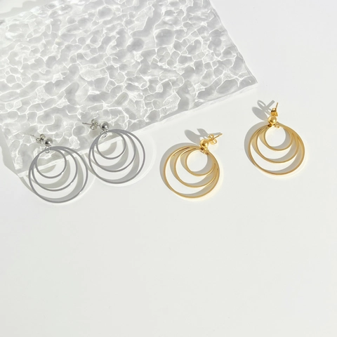 Geometric Triple Hoop Dangle Earrings With Stainless Steel Earring Post Concentric Circles Minimalist Jewelry For Women