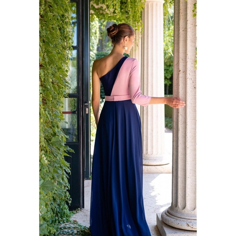 Robe De Soiree En Mousseline A Une Epaule Bloc De Couleur Broderie Oiseaux Fleurs Longue Elegante