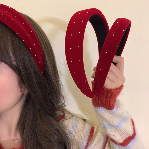 Retro Red Velvet Padded Headband Elegant Rhinestone Studded Wide Hair Hoop Autumn Winter Hair Accessories For Women
